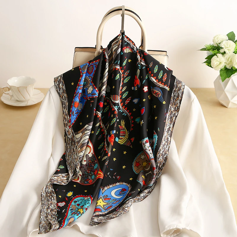 90*90CM Fashion Twill Large Square Scarf Silk Feeling Dazzling Tree Print Neck Scarves For Women Head Shawls And Wraps Accessory