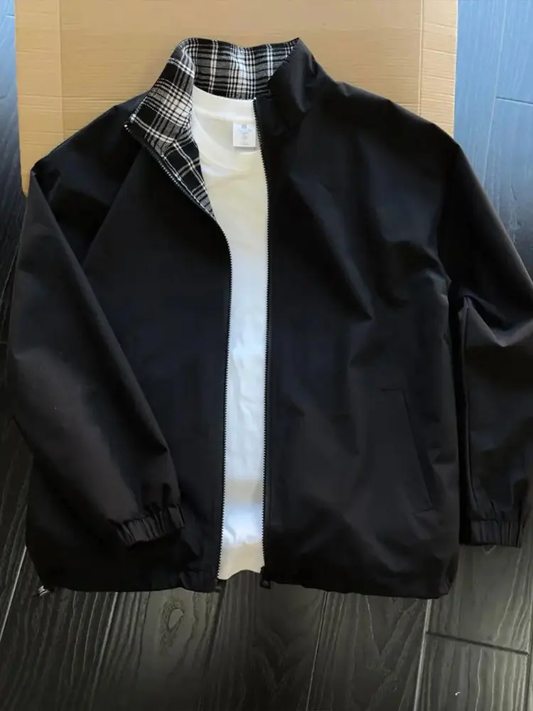 

Bla Plaid Splicing Baseball Jaet Men's Autumn Faion Brand Youthful Feel Cozy Fit Cleanfit Collar ort Polyester Fiber