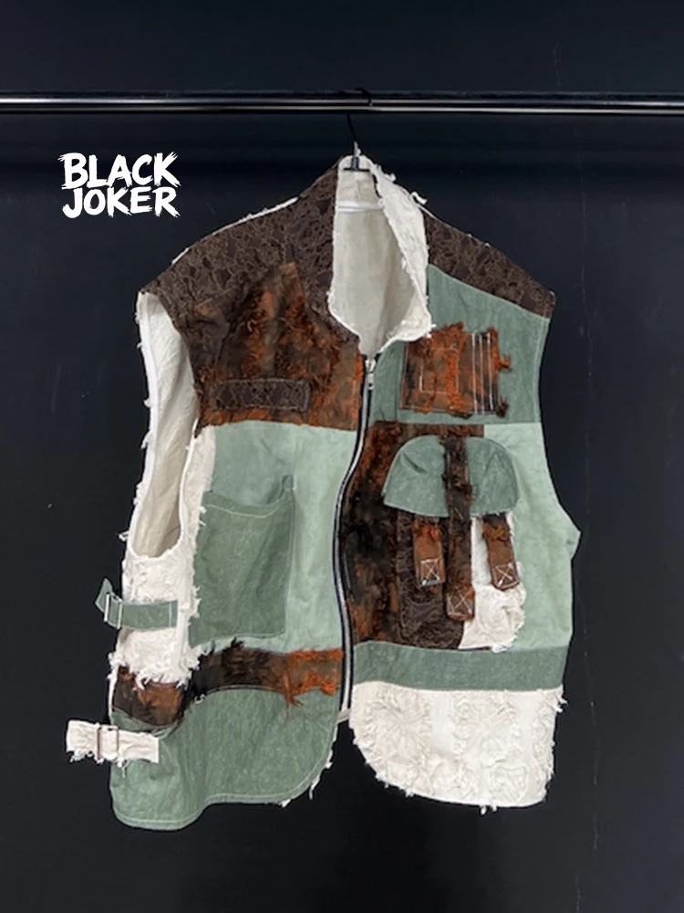 BLACK JOKER Original Design Stitching Raw Edge Design Sense Short Denim Vest Men's Unique Sleeveless Ware Shoulder Jacket