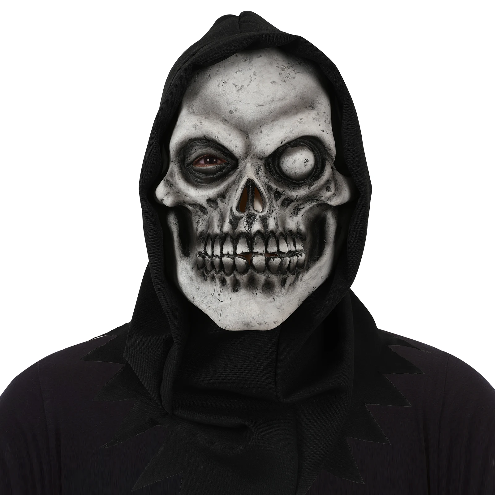 Maska czaszki dla dorosłych z kapturem, straszna, jednooka, szkielet, twarz ducha, lateksowa maska na całą twarz, kostium na Halloween, rekwizyt na imprezę cosplay