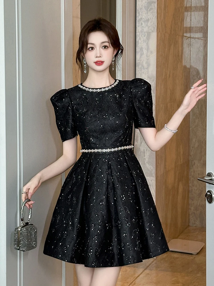 

Elegant Luxury Lace Floral Diamonds O-Neck Pleated Mini Dress Women Clothes Sweet Short Sleeve Slim Short Party Birthday Vestido