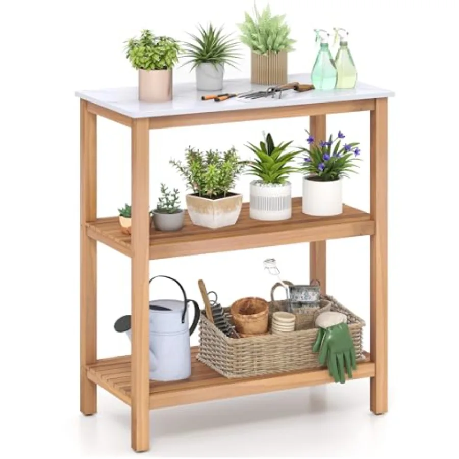 3-Tier Outdoor Potting Bench, Acacia Wood Planting Workstation with Faux Marble Tabletop, Open Storage Shelves, 300LBS Capacity