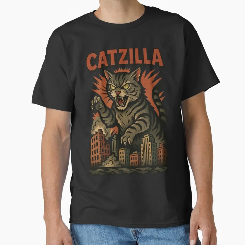 

Catzilla - Giant Cat Comic City Attack King of the meowsters Vintage Monster Anime movie gift T shirt for men Large size Tops