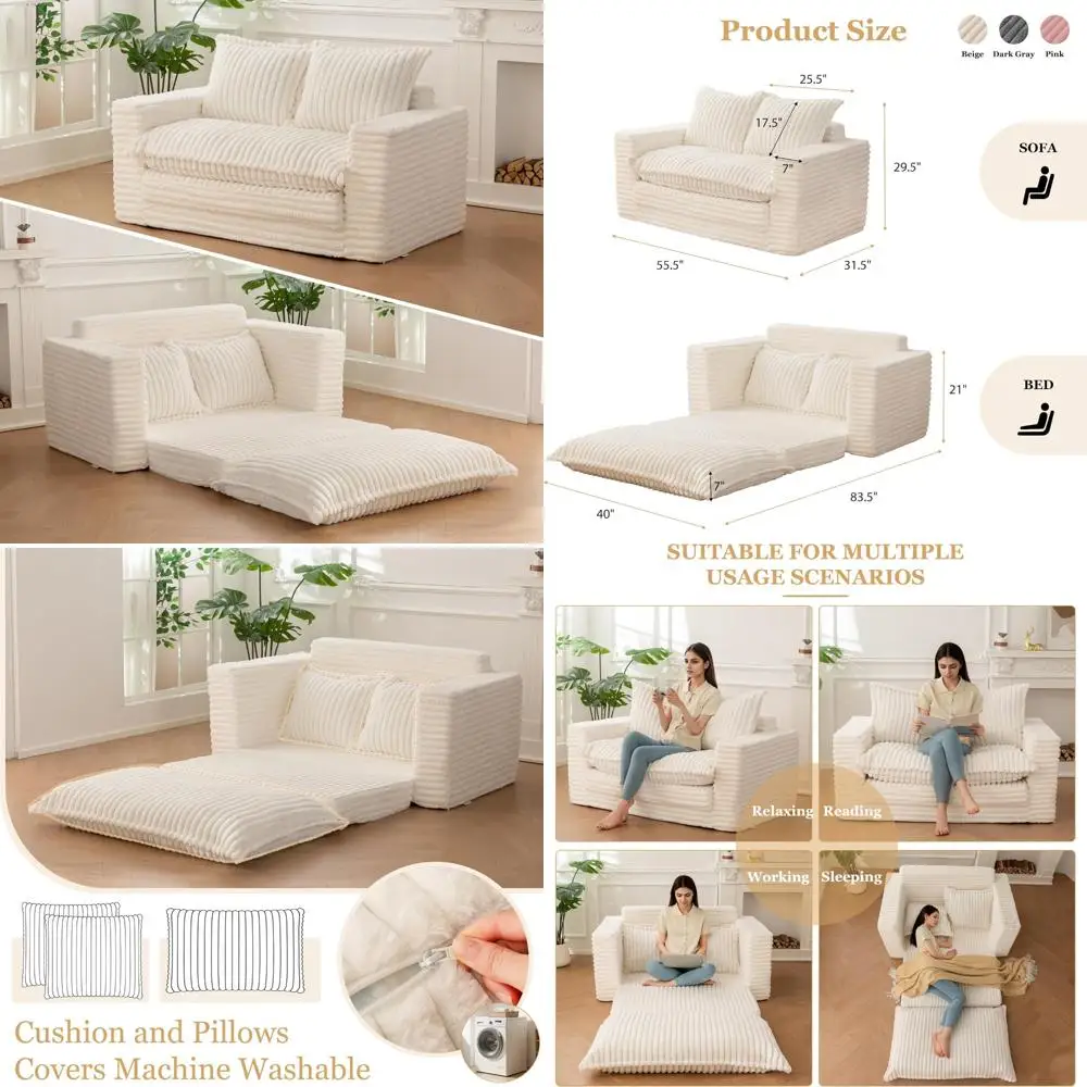 

3-in-1 Convertible Sofa Bed for Living Room: Loveseat Sleeper with Washable Cushions