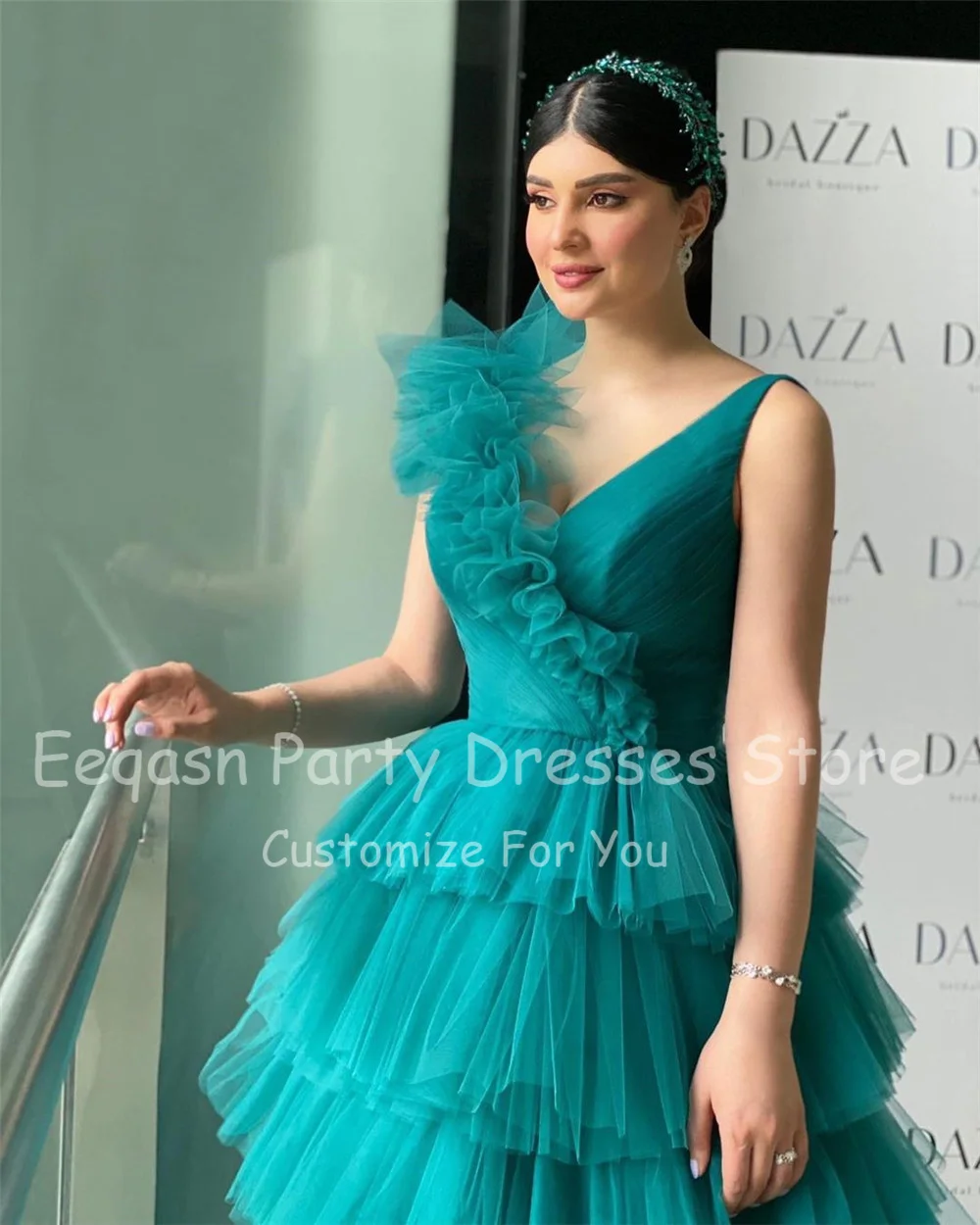 Eeqasn A Line Tiered Tulle Long Prom Dresses Saudi Arabia Ruffle V-Neck Dubai Prom Gowns Pleats Women's Evening Party Dress 2022