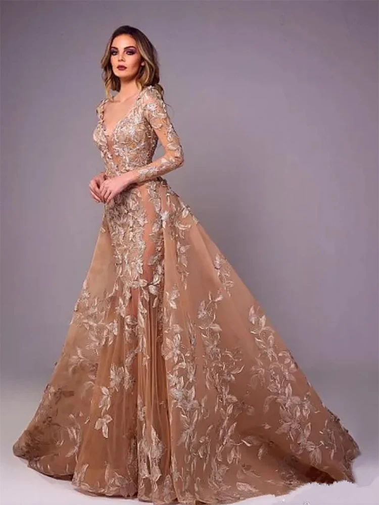 Illusion Lace Applique  Mermaid Formal Evening Dresses with Detachable Long Sleeves Prom Gowns  Plus Size