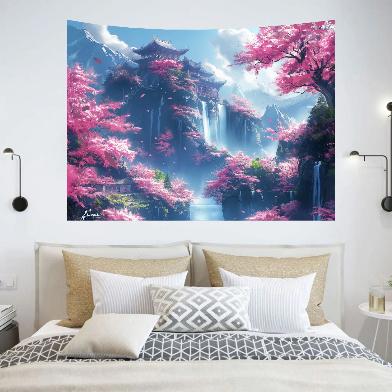 Japanese Mountain Tapestry Cherry Blossom Sakura Trees Tapestries Tsuruga Castle Temple Mount Japan Landmark Wall Art Home Decor