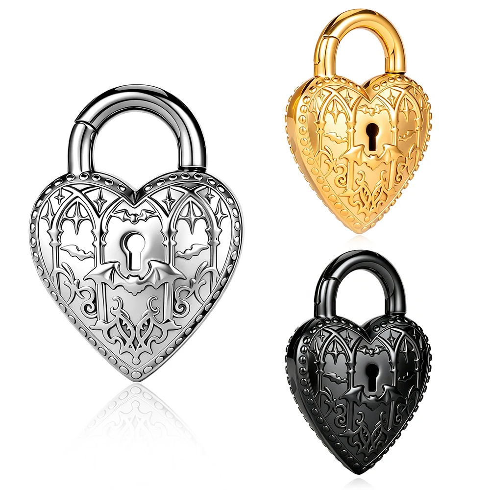 Vankula 2pcs Gothic Bat Engraved Heart Padlock Ear Hangers Gauges Plugs, 316 Stainless Steel Earlobe Stretchers Body Piercing