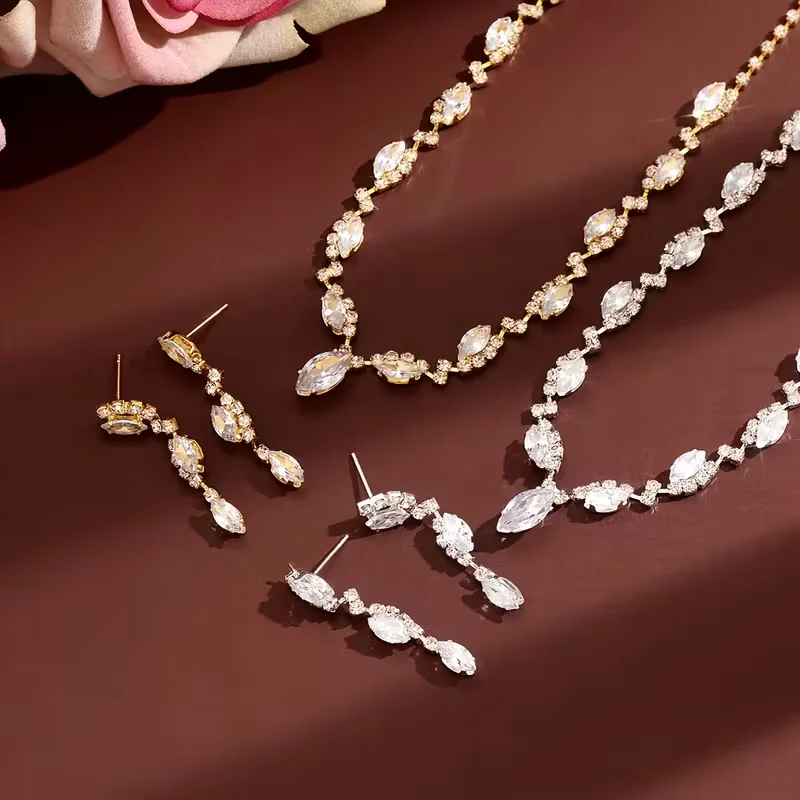 1 Set of Jewelry Includes (1 Pair of Earrings + 1 Necklace) Malay Eye-Shaped Rhinestone Earrings and Necklace for Women, Fashionable High-End Daily Party Jewelry Set, Elegant and Stylish V-Shaped Pendant Necklace and Earring Set, Light Luxury Sparkling Bridal Wedding Jewelry, Holiday Gift Accessories