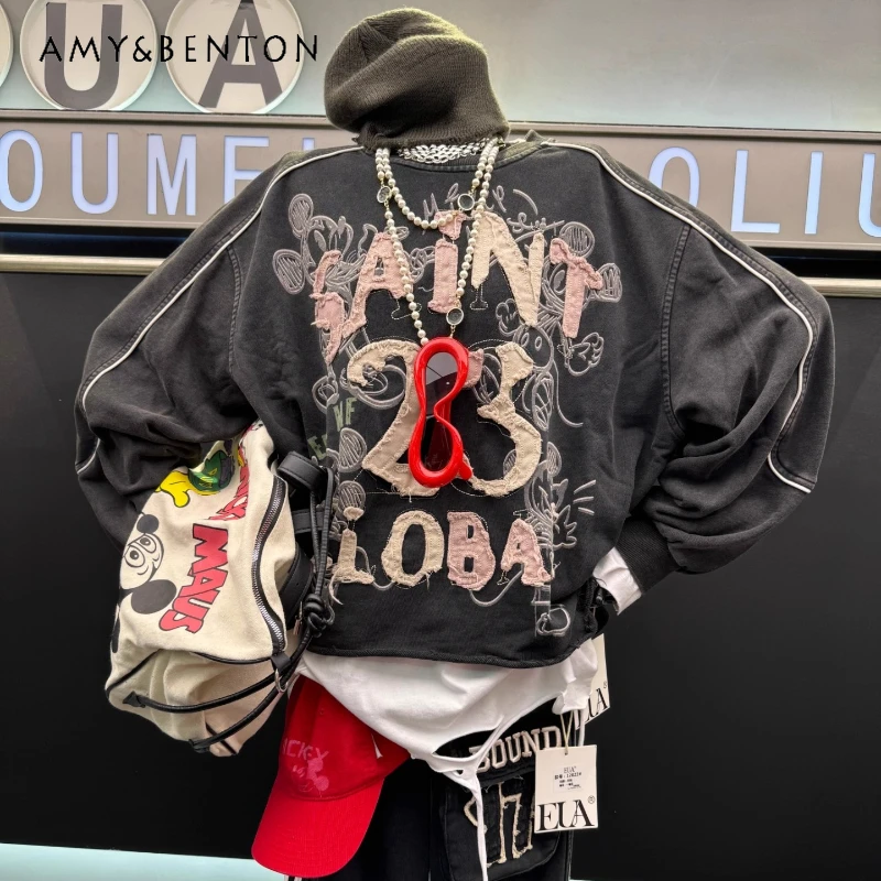 Heavy Embroidery Letter Crew Neck Sweatshirt Ladies Loose Fit Versatile Slimming Top 2025 Autumn New Long Sleeves Sudaderas Coat
