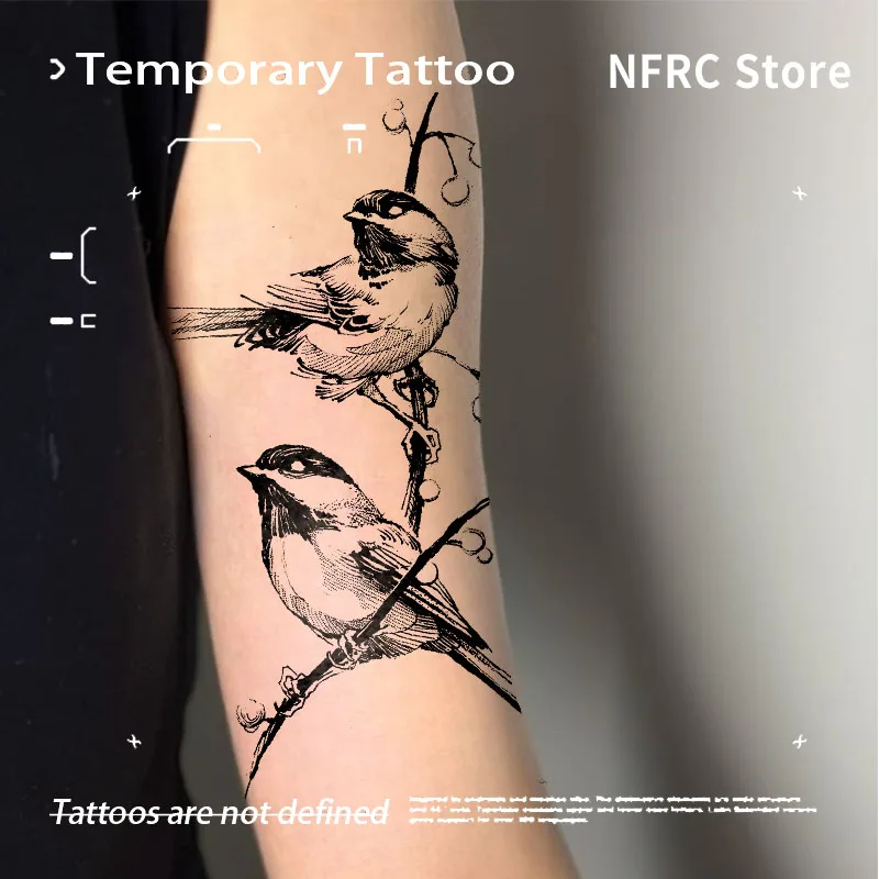 Stippling Sketch Two Chickadees On Branch Herbal Juice Tattoo Sticker Waterproof Fake Tattoo Unisex Forearm Retro Nature Body Ar