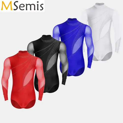 Leotardos de gimnasia para hombre, patinaje artístico, baile de salón latino, traje de leotardo de Ballet de malla con diamantes de imitación brillantes, mono