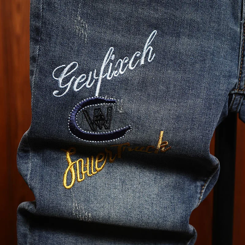 Embroidered printed denim shorts men's street fashion summer thin stretch slim fit casual cropped pants