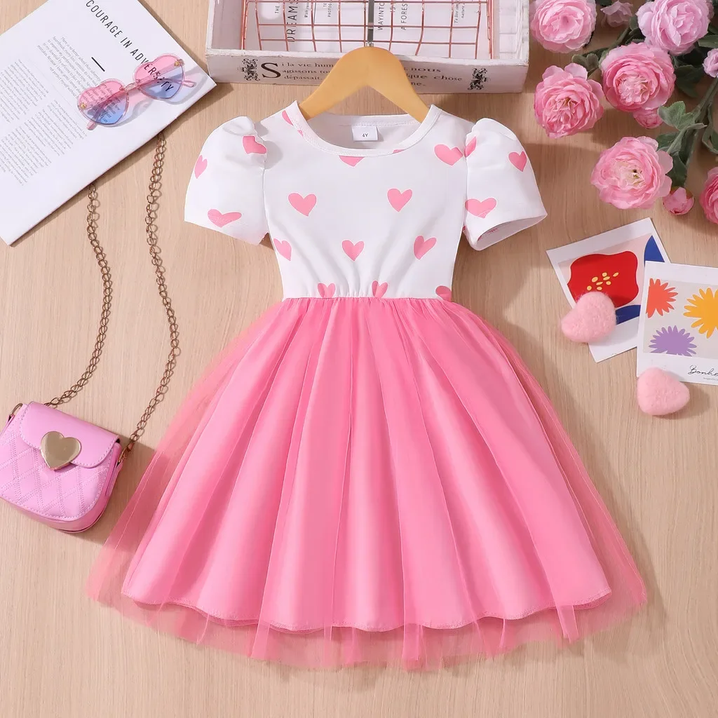NEW Kids Girl Dress Summer Heart Shaped Cute Sweet Mesh Toddler Dresses Casual Vacation Children Princess Dress 2 3 4 5 6 7 Yrs