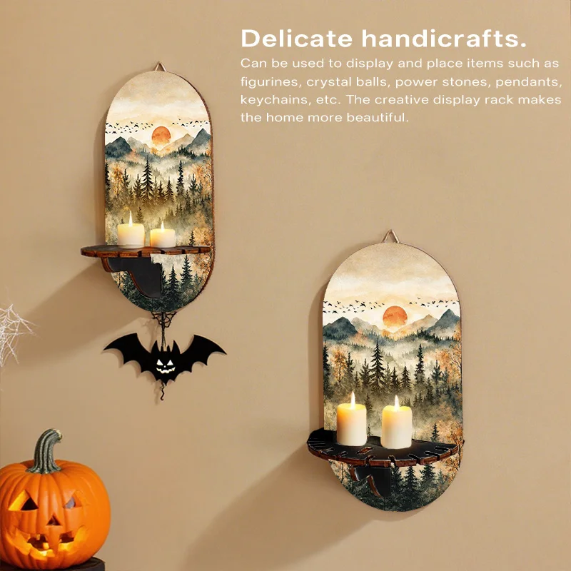 2D Flat, Modern Wall Shelf & Key Holder with Forest Sunset Mountain Scene - Multi-Functional Hanging Shelf Suitable for Living