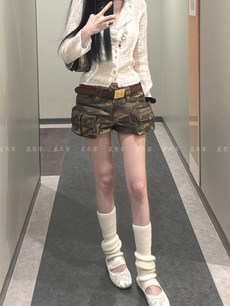 Summer Women Grunge Vintage Coquette Low Rise 2000s Jean Camouflage Cargo Shorts Denim Hot Pants Japanese Y2k Streetwear Gyaru