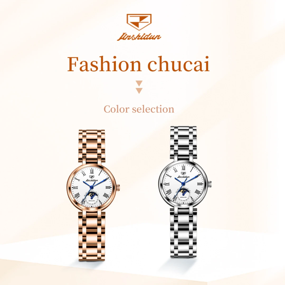 JSDUN-Montre mécanique à cadran rond en acier inoxydable, bracelet de montre, phase de lune Shoous, cadeau de mode, 8981