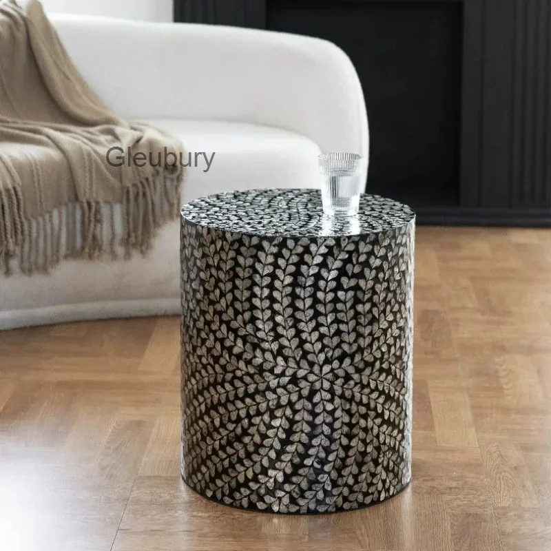Round Cylinder Side Table Mother of Pearl Inlay Mosaic Leaf Pattern Accent Coffee Table Living Room Home Furniture