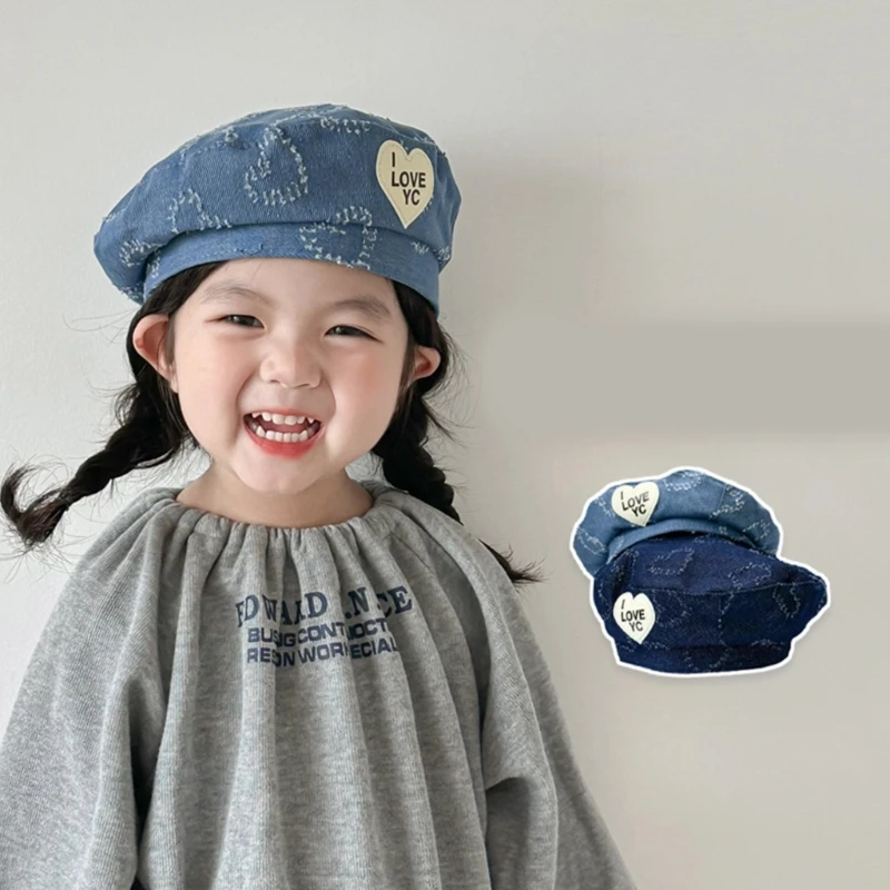 

Kids Denims Painter Hat for Girls Heart Decoration Cap Vintage Kids Denims Cap Loveable Heart Embellishment Hat