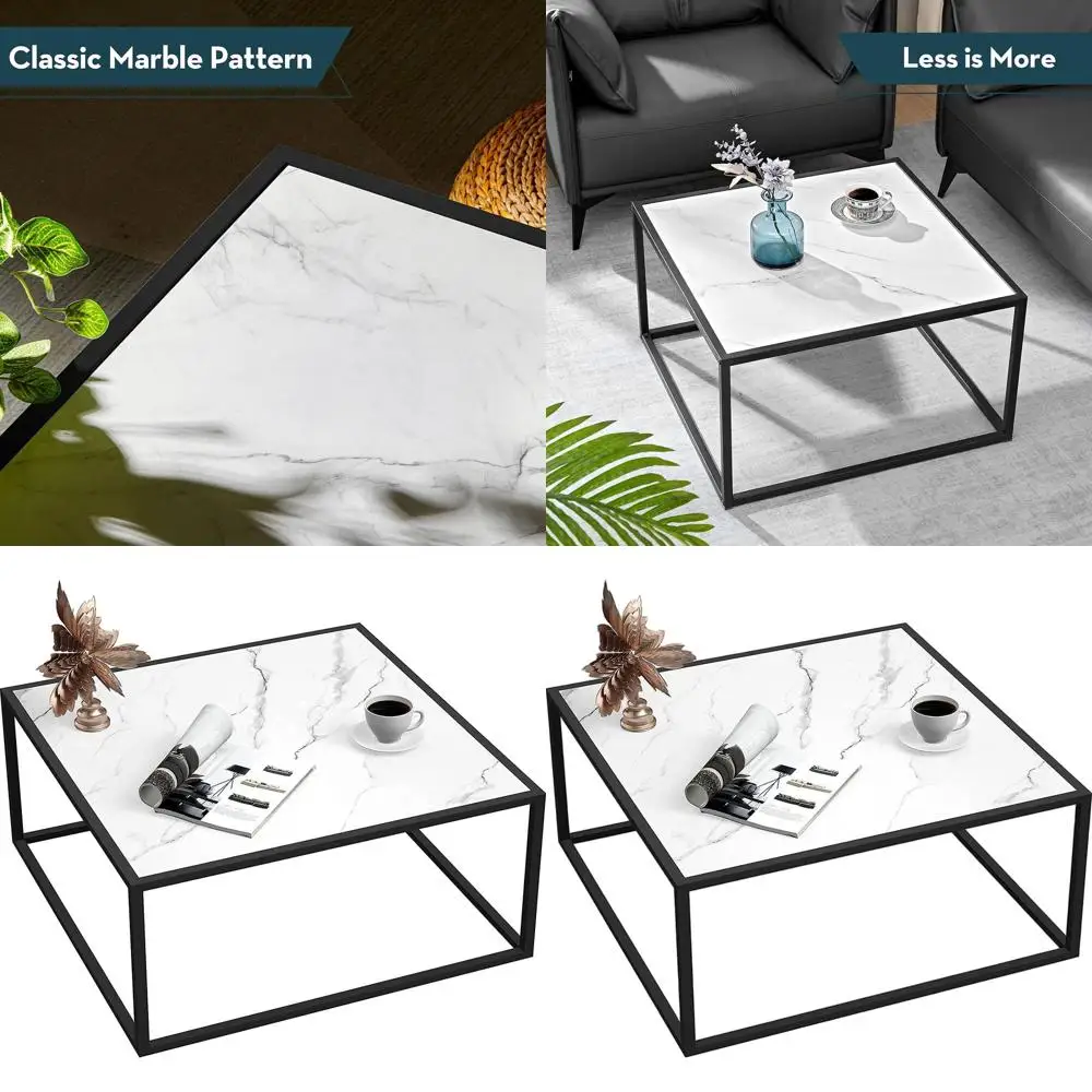 

Compact White Marble-Look Coffee Table, Modern Design for Living Room/Office, 27.6x27.6x15.7, Easy Assembly