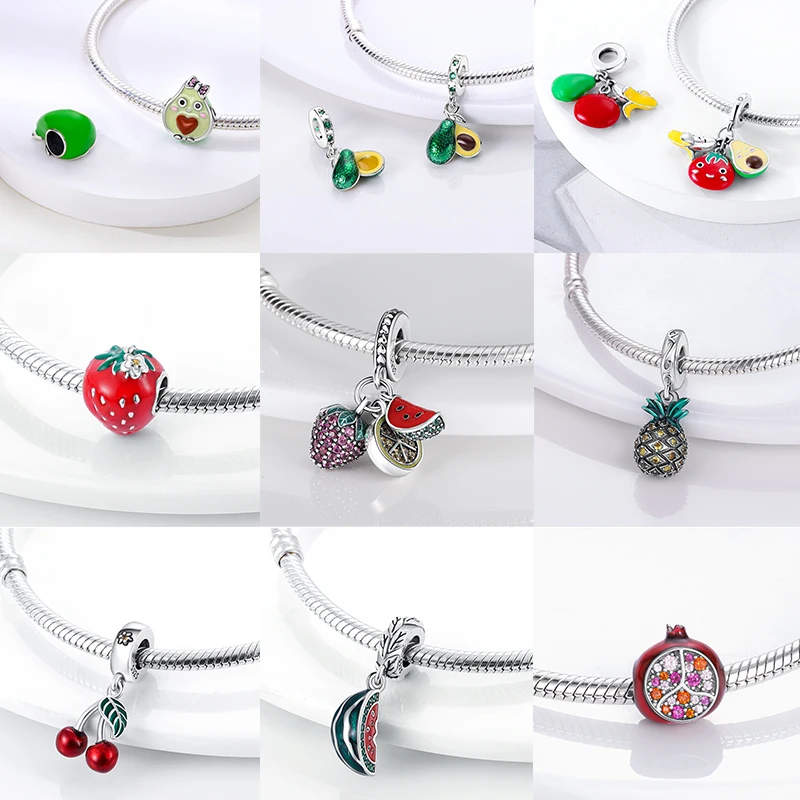 Frucht-Charm 925 Sterling Silber Erdbeere Kirsche Avocado Perlenanhänger Passend für Europäische Armbänder DIY Damenschmuck Geschenk 2026 – Detail 2