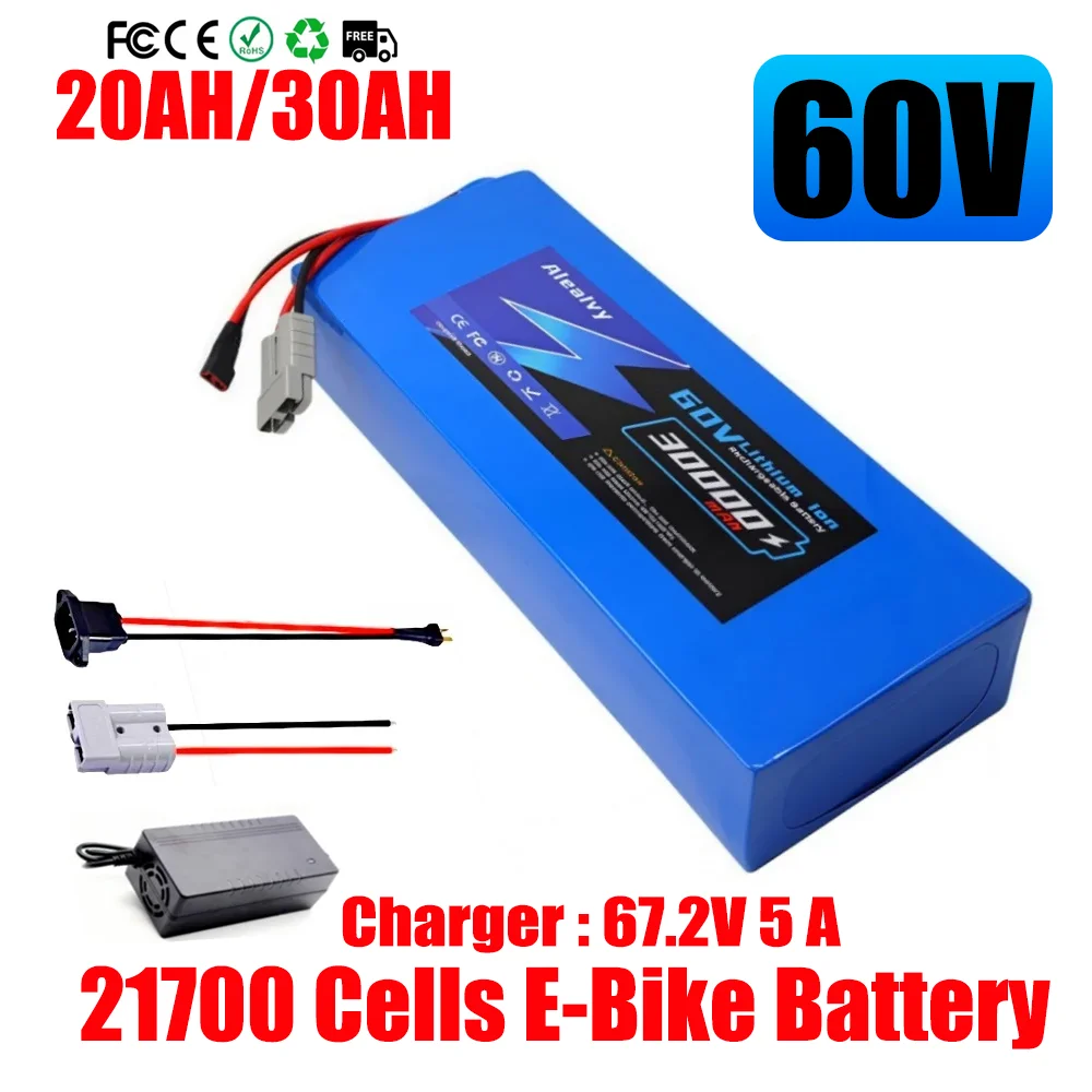

New Aleaivy 60V30Ah Electric Bike Lithium Battery Pack 30000mAh Li ion Ebike Battery for Bicycle Scooter Motorcycle with Charger