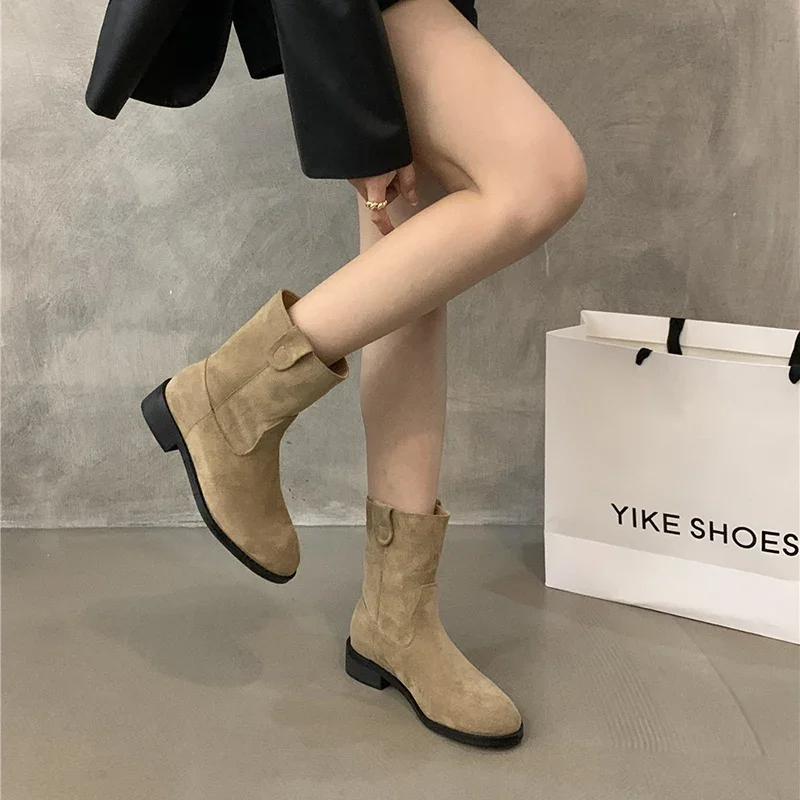 Vintage Women Western Cowgirl Boots Fashion Slip On Shoes Autumn Winter Square Low Heel Women\'s Suede Short Booties