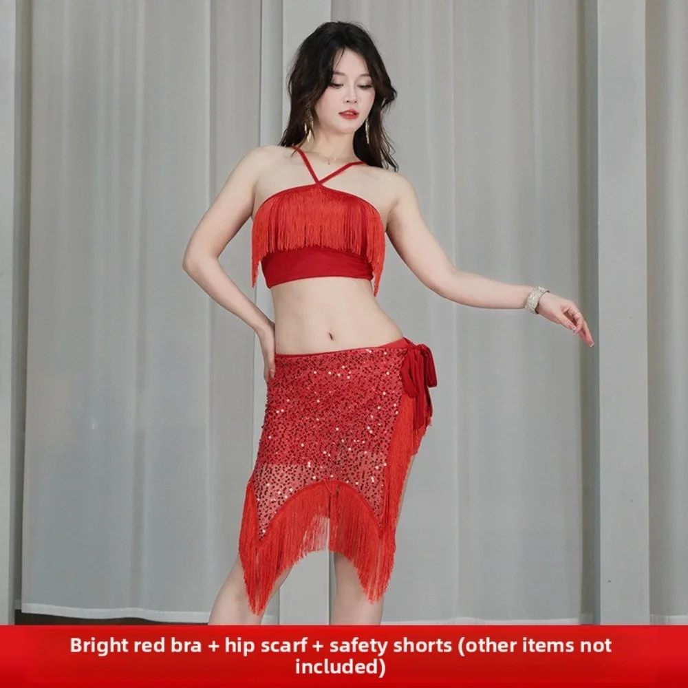 Belly Dance Costume 3-Piece Set: Bra Top, Fringe Hip Scarf & Safety Shorts - Practice Wear for Training & Stage Performance