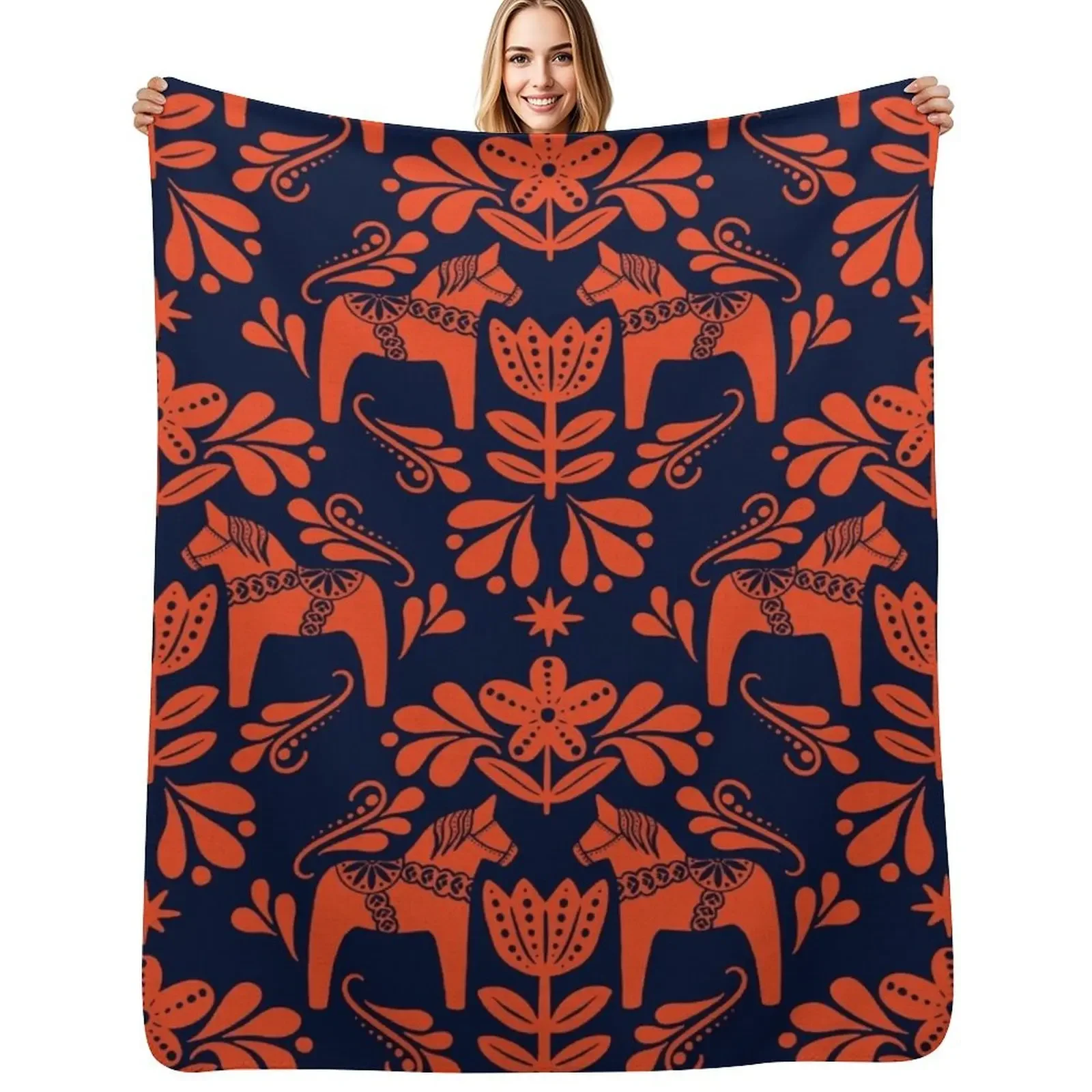 Folk Art Dala Horse - Navy Blue and Burnt Orange Throw Blanket Decorative Sofas Thermals For Travel Flannel Blanket