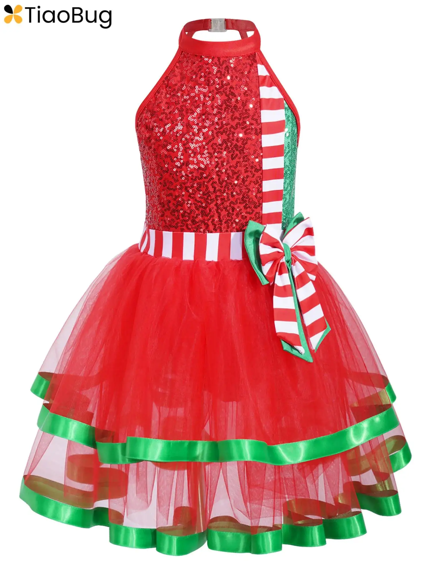 

Kids Girls Shiny Sequins Christmas Dance Dress Mrs Santa Claus Costume Ballet Tutu Dress Leotard Figure Ice Skating Dress