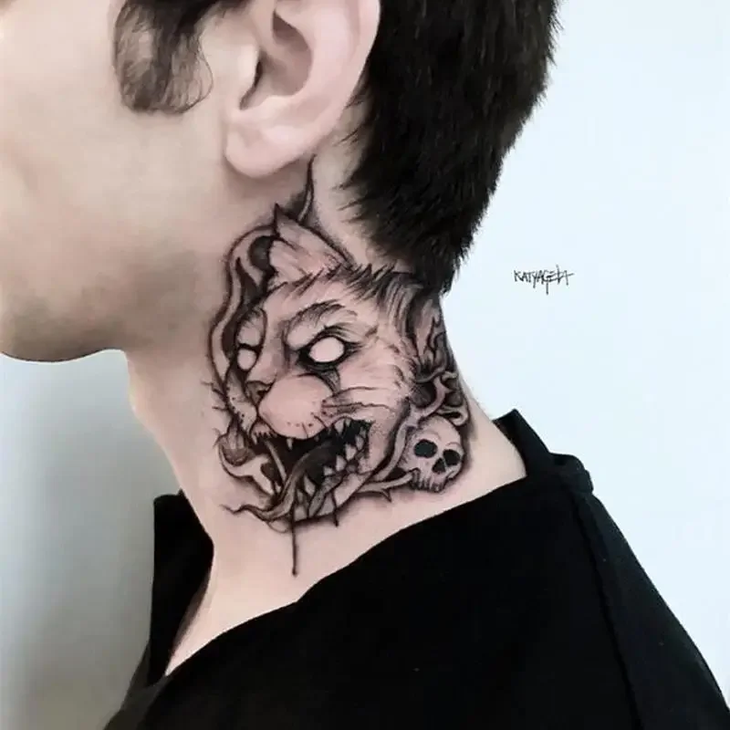 Gothic Creepy Skeleton Cat Scary Temporary Tattoo Transfer Tatoo Body Art Neck Arm Waterproof Fake Tattoo Stickers for Woman Man