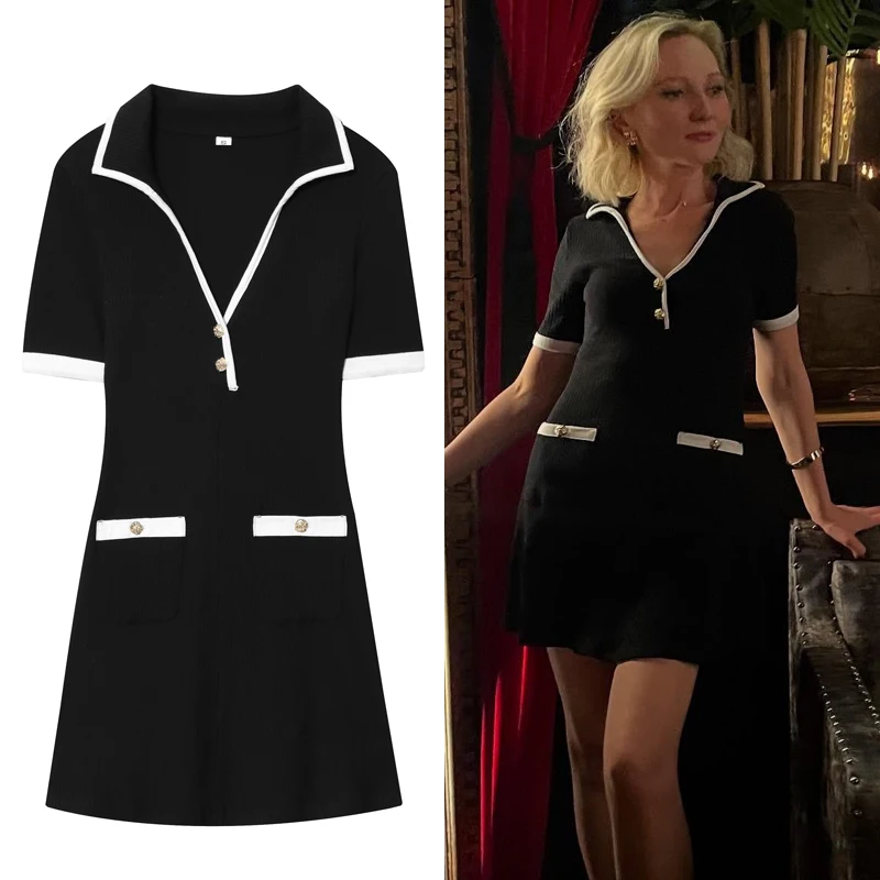 فستان قصير مضلع بأزرار معدنية فساتين صيفية نسائية أنيقة برقبة على شكل حرف v فستان أبيض وأسود مثير للحفلات المسائية