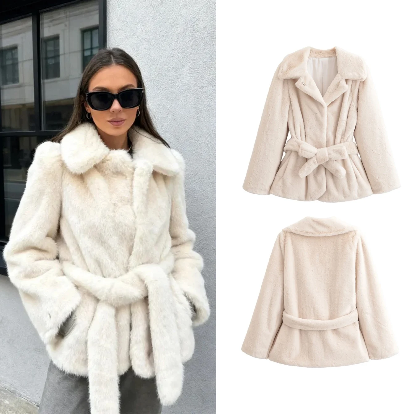 

Woman Solid Fur Jacket Coat With Belt Single Breasted Long Sleeve Loose Coats Female New Warm Autumn Winter Outwear Jackets