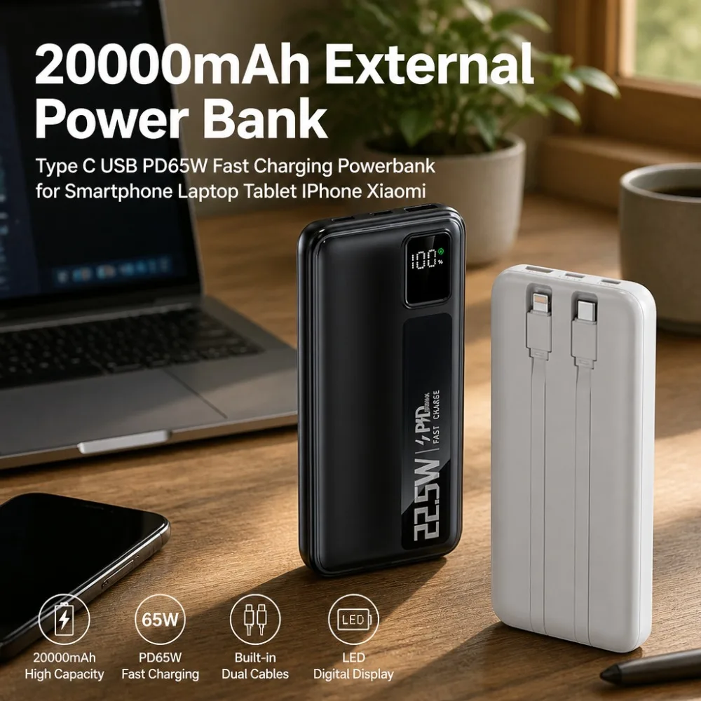 22.5W Super Fast Charge 20000mAh Power Bank Portable BatteryPack withBuilt-in Cables LED Display for iOS & Android Smart Devices