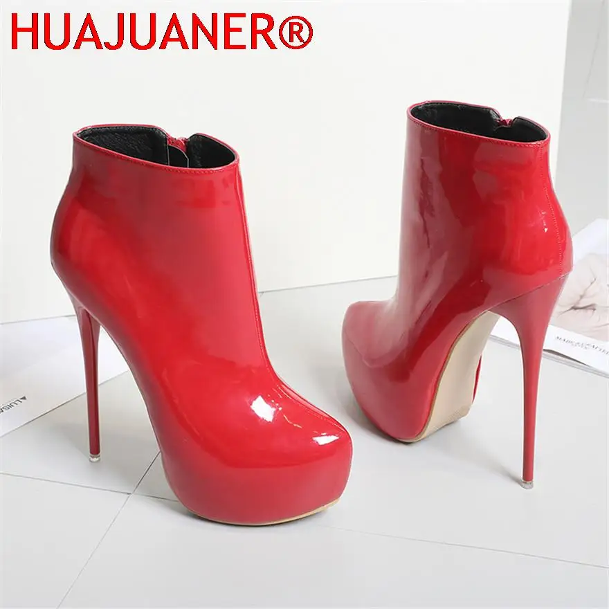 Big Size 35-47 Patent Leather Women Boots Round Toe Side Zipper Super High Heels 16CM Pumps 2023 Sexy Platform Party Shoes Woman