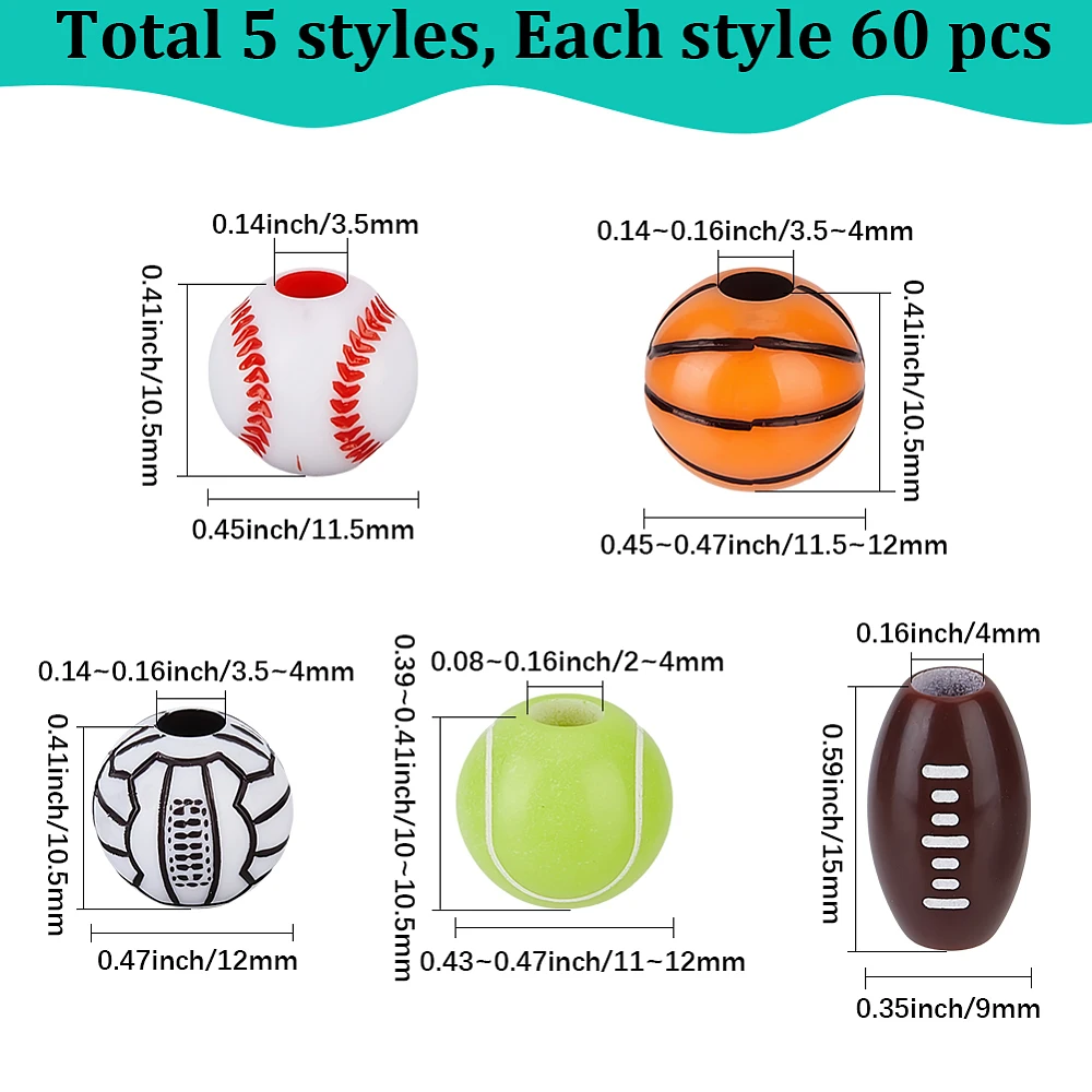 1 Box 300pcs 5 Styles Acrylic Sports Ball Beads Round Baseball Volleyball Tennis Opaque Sport Balls Loose Spacer Bead Charm Bulk