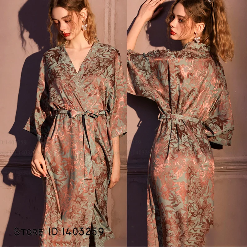 Elegant Female Long Robe Home Dress Chinese Style Jacquard Kimono Bathrobe Gown Sexy Satin Lingerie Sleepwear Loose Loungewear