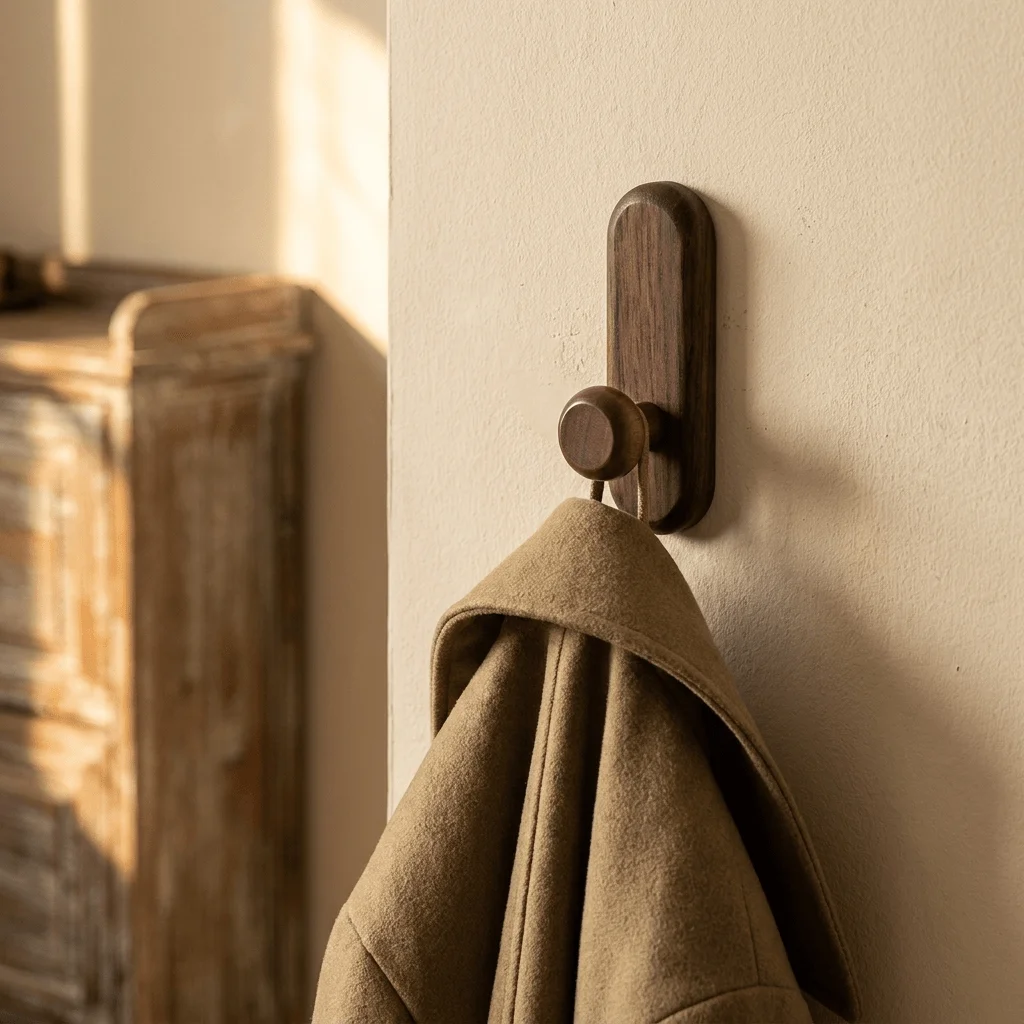 1/2-Pcs Walnut Solid Wood No-Drill Hooks, for Wall & Door, Holds Coats, Hats, Keys & Kitchen Tools, Perfect for Entryway