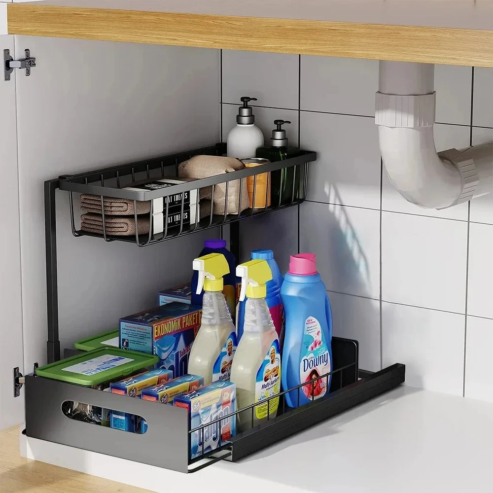 Kitchen Cabinets 2 Tier Sliding Cabinet Basket Organizer Drawer Pull Out Cabinet Multi-Purpose Sink Organizer