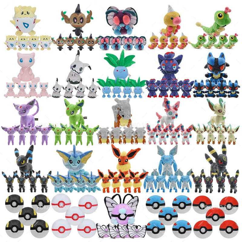 

Wholesale Pokemon Plush 5Pcs/Lot Mimikyu Caterpie Oddish Garchomp Phantump Umbreon Sylveon Stuffed Animal Peluche Christmas Gift