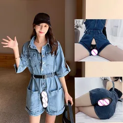 Invisible Open Crotch Outdoor Sex Erotic Pants Cargo Jeans Overalls Shorts Women's Jumpsuit High Waist Loose Ins Hotpants Denim