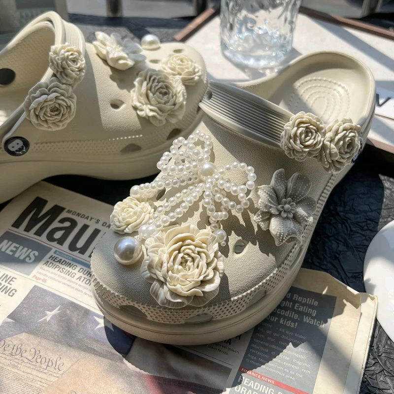 New Pearl Bow Shoe Jibbitz Charms Set Pink Flower Charms DIY Decoration Buckle for Summer Sandals Xmas Party Gifts