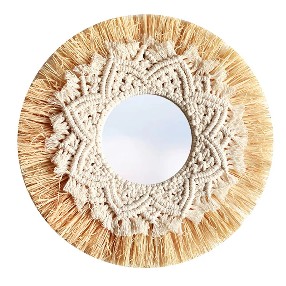 

Nordic Straw Woven Hotel Bed and Breakfast Wall Boho Decor Handwoven Mirror Wall Decoration Macrame Decorative Mirror