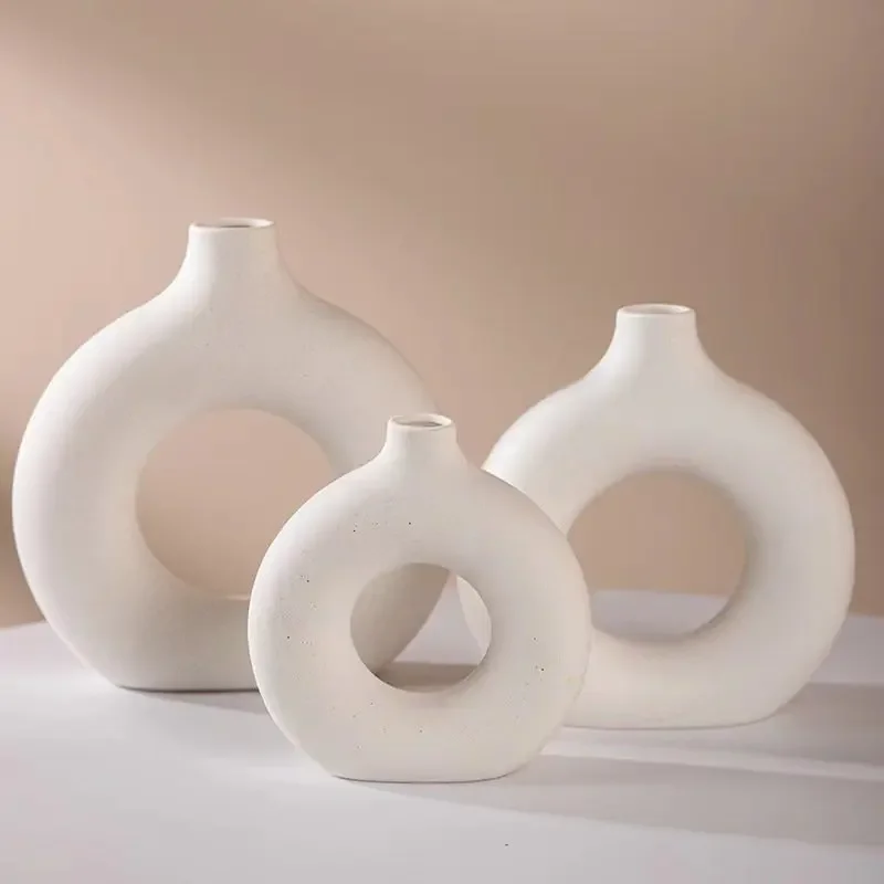 

Nordic Vase Circular Hollow Ceramic Donuts Flower Pot Home Living Room Decoration Accessories Interior Office Desktop Decor Gift