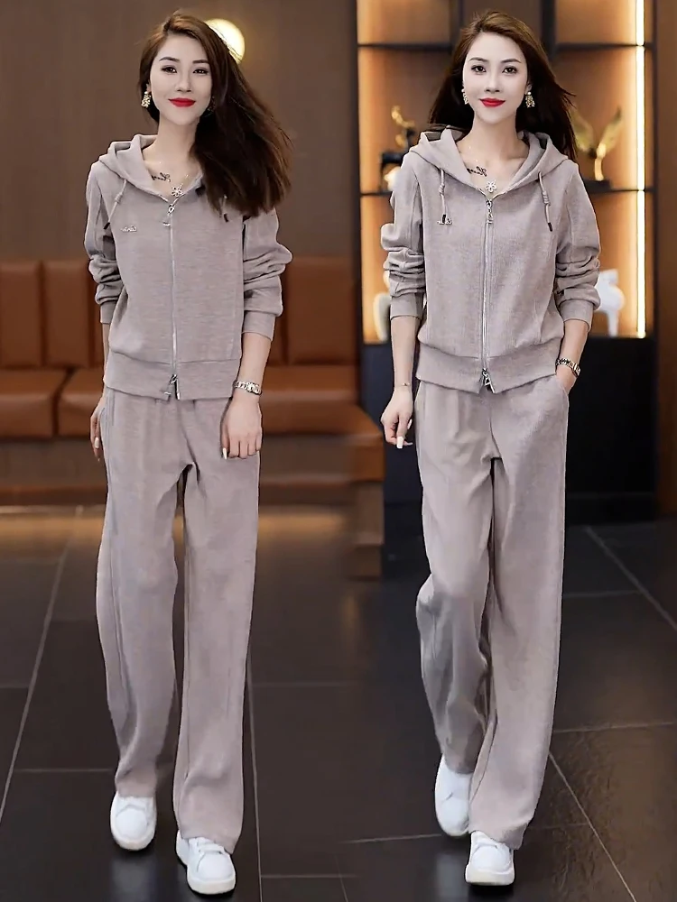 

Women's Sportswear Set Loose Wide Leg Pants Two Piece Suite Casual Faionable Anti-Aging Polyester Fiber Zipper Closure