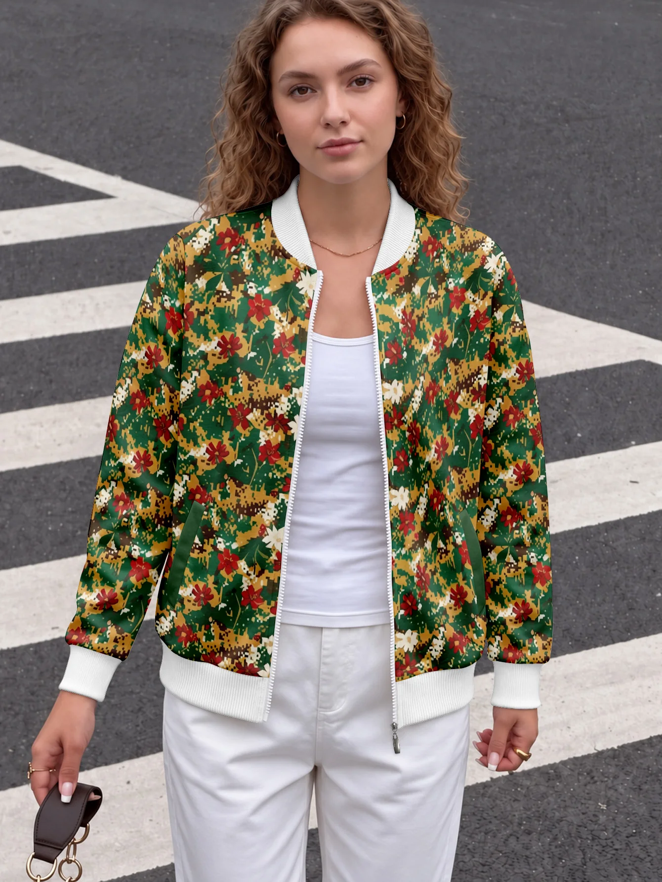 Women's Green Printed Slim Crew Neck Full Zip Baseball Jacket Insert Pockets Punk Street Shopping Date Spring