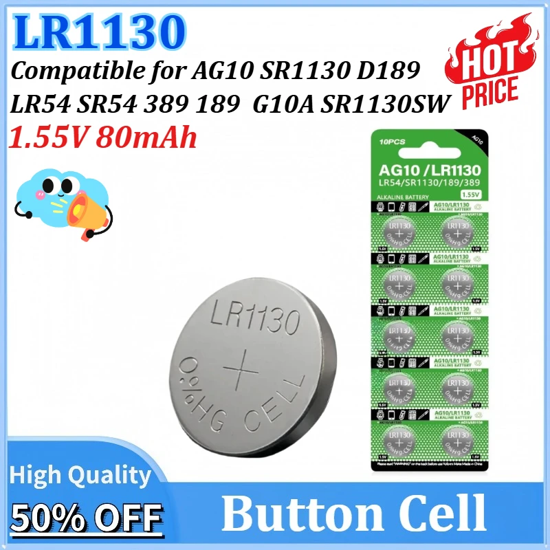 

10-200PCS 1.55V 80mAh AG10 LR1130 SR1130 D189 LR54 SR54 389 189 Button Battery G10A SR1130SW Cell Coin Watch Toys Remote Battery