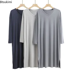 New 2026 Men's Pajamas Robes Casual Mid-long Knee Length Modal Home Clothes Soft Smooth Stretch Bathrobes Male Sleepwear Dress
