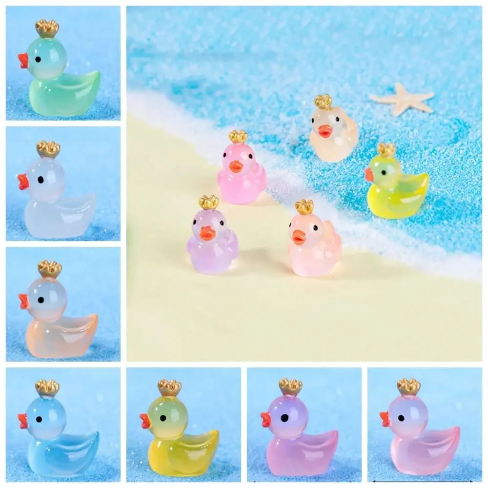 5pcs Resin Crafts Luminous Crown Small Ducks Cute DIY Miniatures Crowned Duck Colorful Glowing Yellow Duck Home Decorations