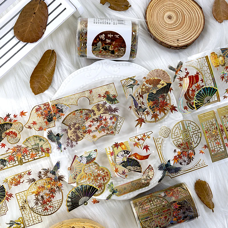 2m Laser Golden Chinese style PET Washi Tape Maple Leaf Fan Stickers Decorative Adhesive Tape For Scrapbooking Journal